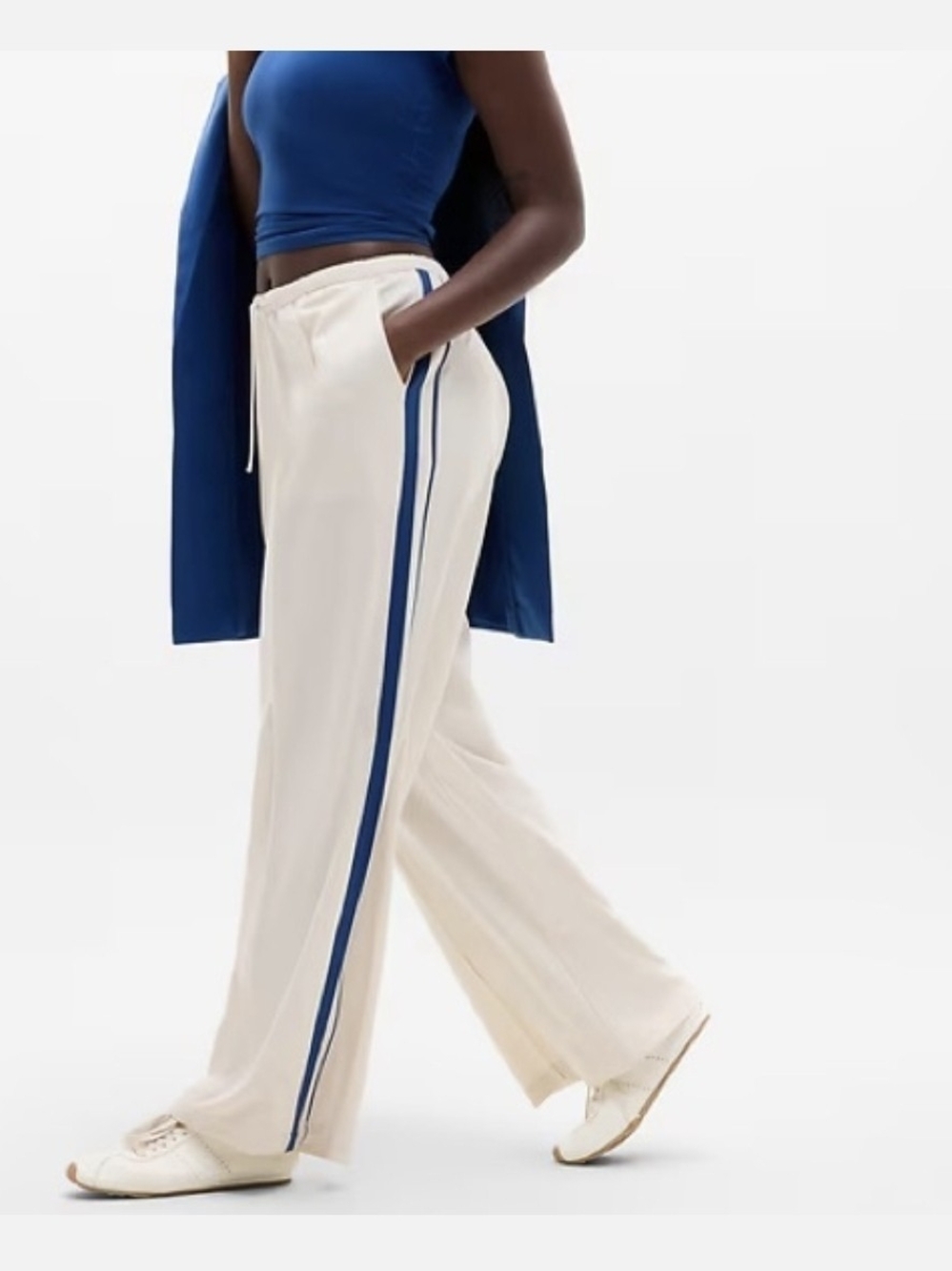 Athleta MVP Mid Rise Side Stripe Pant cream/maritime Size L